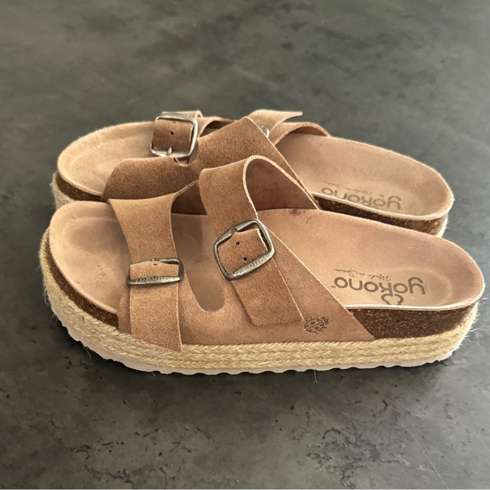 YOKONO DOUBLE STRAP LEATHER SLIP ON SANDALS MADE IN SPAIN SIZE 8 TAN